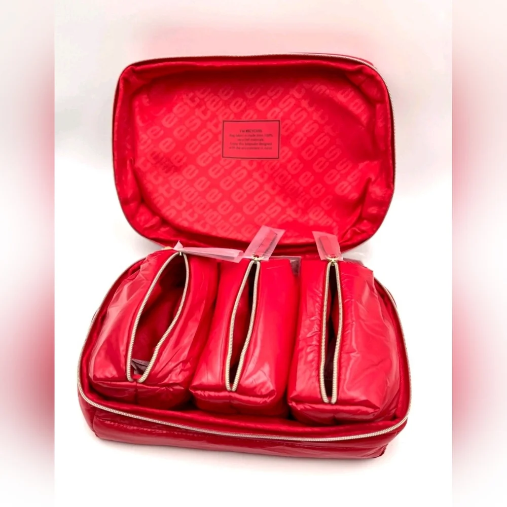 ESTÉE LAUDER Red Recycled Puffy Vanity Travel Bag Set w/3 Pouches NWT AUTHENTIC - Picture 2 of 4